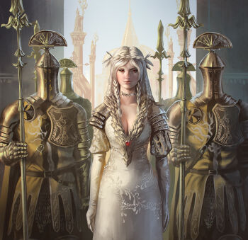 Rule 34 | 1girl, 4boys, ancient dragon (elden ring), ancient dragon lansseax, ariamis arts, armor, arms at sides, blonde hair, braid, breasts, choker, cleavage, commentary, dragon girl, dress, elden ring, english commentary, gem, gold choker, helmet, in-universe location, juliet sleeves, leyndell knight, long sleeves, looking at viewer, multiple boys, ornate clothes, parted bangs, pauldrons, personification, planted, planted polearm, plunging neckline, polearm, puffy sleeves, red eyes, shoulder armor, signature, standing, tabard, twin braids, weapon, yellow tabard