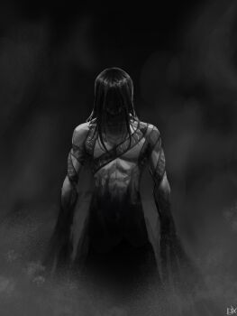 1boy abs absurdres black_hair colored_extremities commentary facing_viewer full-body_tattoo greyscale highres l3xarts_17 long_hair male_focus monochrome muscular muscular_male pectorals shaded_face shadow_slave smoke snake_tattoo solo standing sunny_(shadow_slave) symbol-only_commentary tattoo topless_female
