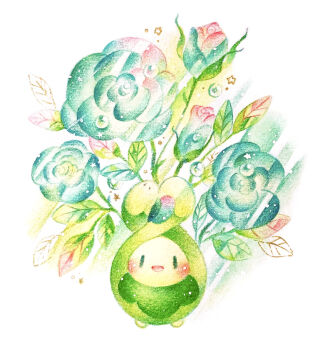 Rule 34 | blue flower, bud, budew, colored pencil (medium), commentary request, flower, full body, gen 4 pokemon, highres, leaf, nintendo, no humans, open mouth, painting (medium), pokemon, pokemon (creature), simple background, sunlight, traditional media, water drop, watercolor (medium), white background, yukichi 0611