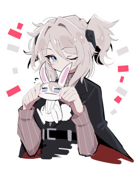 Rule 34 | 1girl, an apple akaao, belt, black belt, black bow, black coat, black vest, blue eyes, bow, cheek pinching, coat, coat on shoulders, commentary, faust (project moon), hair bow, hands up, highres, limbus company, looking at viewer, medium hair, notice lines, one eye closed, pinching, project moon, rabbit, simple background, solo, symbol-only commentary, twintails, vest, white background