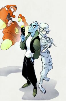 1girl 3boys ae-3803 black_eyes black_pants blue_shorts boots crossover drixenol_koldreliff dual_wielding floating floating_head green_jacket gyosone hand_in_pocket hat hataraku_saibou highres holding holding_knife jacket knife looking_at_viewer multiple_boys orange_hair osmosis_jones osmosis_jones_(character) pants red_blood_cell_(hataraku_saibou) red_headwear robot shorts trait_connection u-1146 white_blood_cell_(hataraku_saibou) white_footwear white_headwear white_pants