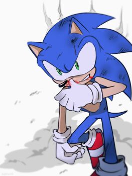 bleeding blood blood_on_face dirty gloves green_eyes grey_background highres red_shoes shoes simple_background smirk sonic_(series) sonic_the_hedgehog standing standing_on_one_leg white_gloves yeonwu08