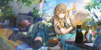 1girl artist_name black_cat black_ribbon black_thighhighs blue_bow book book_stack bow cat computer cup disposable_cup drinking_straw fern fingerless_gloves flower full_body girls'_frontline girls'_frontline_2:_exilium gloves green_gloves green_hair green_jacket hair_ribbon highres hitokoto holding holding_cup indoors jacket lainie_(girls'_frontline_2) laptop long_hair looking_at_viewer lying on_stomach plant pocket_watch potted_plant ribbon smile star-shaped_pupils star_(symbol) sunflower symbol-shaped_pupils thighhighs ump40_(girls'_frontline) unworn_jacket watch watermark weibo_username weibo_watermark yellow_eyes