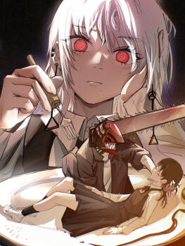 Rule 34 | 1boy, 2girls, absurdres, black bow, black bowtie, black hair, black shirt, bow, bowtie, chainsaw man, collared shirt, denji (chainsaw man), dress, earrings, fami (chainsaw man), fork, grey hair, hair between eyes, hand on own face, highres, holding, holding fork, ivdimension, jewelry, long hair, looking at viewer, lying, mitaka asa, multiple girls, on back, on one knee, pinafore dress, plate, red eyes, ringed eyes, shirt, simple background, skirt, sleeveless, sleeveless dress, suspender skirt, suspenders, translation request, white shirt