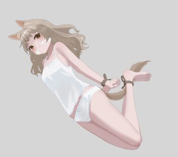 Rule 34 | 1girl, animal ears, arms behind back, bare shoulders, barefoot, bound, bound ankles, bound wrists, breasts, brown eyes, brown hair, camisole, cat ears, cat girl, cat tail, commentary request, gag, gagged, grey background, highres, improvised gag, long hair, looking at viewer, original, panties, simple background, small breasts, tail, tanoshi jhinsei, tears, underwear, white camisole, white panties