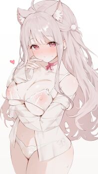 1girl absurdres ahoge animal_ear_fluff animal_ears arm_under_breasts artist_request blush bra breasts cat_ears cat_girl center-flap_bangs closed_mouth commentary_request cowboy_shot double-parted_bangs grey_hair hair_ornament half_updo hand_up heart highres indie_virtual_youtuber large_breasts long_hair long_sidelocks nipples no_pants nose_blush panties pink_eyes pom_pom_(clothes) pom_pom_hair_ornament second-party_source see-through_bra see-through_clothes shirt shirt_partially_removed side-tie_panties sidelocks simple_background solo standing sweat uise_iu underwear very_long_hair wavy_hair white_background white_bra white_panties white_shirt