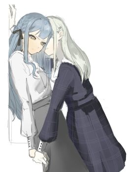 2girls bang_dream! bang_dream!_it&#039;s_mygo!!!!! black_ribbon blue_dress blue_hair blush closed_mouth commentary dress green_hair grey_skirt hair_ribbon hashtag-only_commentary kurosawasan1202 long_hair long_sleeves multiple_girls parted_lips ribbon shirt simple_background skirt sweat togawa_sakiko two_side_up wakaba_mutsumi white_background white_shirt yellow_eyes yuri