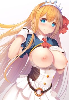 1girl blue_eyes blush braid breasts breasts_out closed_mouth gloves highres koko_(koko3) large_breasts long_hair looking_at_viewer nipples orange_hair pecorine_(princess_connect!) princess_connect! red_ribbon ribbon simple_background skirt standing tiara white_background white_gloves white_skirt
