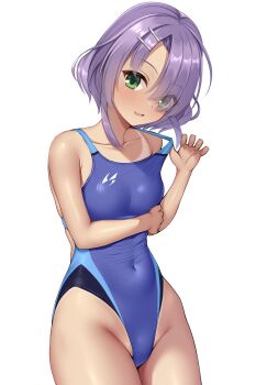 1girl parallel_hairclips arm_under_breasts bare_shoulders blue_one-piece_swimsuit blush breasts cafe_stella_to_shinigami_no_chou clothes_pull clothing_cutout collarbone commentary_request competition_swimsuit covered_navel cowboy_shot dark-skinned_female dark_skin eyes_visible_through_hair green_eyes groin hair_ornament hair_over_one_eye hairclip hand_up highleg highleg_one-piece_swimsuit highres hiuchidani_mei long_bangs looking_at_viewer navel_cutout ncontrail_(mgax7527) one-piece_swimsuit one-piece_swimsuit_pull open_mouth pulling_own_clothes purple_hair short_hair_with_long_locks simple_background small_breasts smile solo swimsuit tan tanline white_background