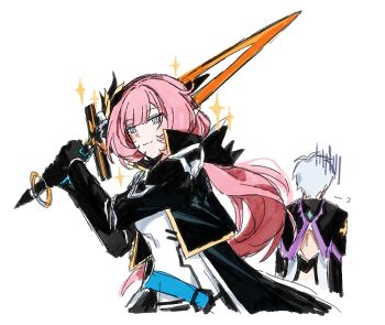 1boy 1girl black_coat black_gloves black_shrug blue_eyes breasts chinese_commentary coat commentary_request cosplay costume_switch crossdressing crossdressing_(ftm) crossdressing_(mtf) elf elysia_(honkai_impact) elysia_(miss_pink_elf)_(honkai_impact) gloves highres holding holding_sword holding_weapon honkai_(series) honkai_impact_3rd kevin_kaslana long_hair medium_breasts pink_hair pointy_ears shirt short_hair shrug_(clothing) simple_background smile sparkle sparkling_aura star_(zhongyan88528) sword very_long_hair weapon white_background white_hair white_shirt