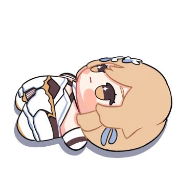 +_+ 1girl armpits arms_up bare_shoulders blonde_hair blush_stickers boots brown_corset chibi chibi_only closed_mouth corset criss-cross_halter detached_sleeves dress feather_hair_ornament feathers flower full_body genshin_impact hair_between_eyes hair_flower hair_ornament halterneck highres long_sleeves looking_up lumine_(genshin_impact) lying on_back shadow short_hair sidelocks simple_background sleeveless sleeveless_dress solo unosaki2 white_background white_boots white_dress white_flower white_sleeves yellow_eyes