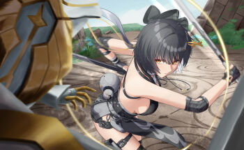 1girl black_bow black_dress black_gloves black_shorts bow breasts closed_mouth commentary dress elbow_pads female_rover_(wuthering_waves) gloves hair_bow highres holding holding_sword holding_weapon keika_(otsukare) medium_breasts pangu_terminal_(wuthering_waves) rover_(wuthering_waves) short_shorts shorts sleeveless sleeveless_dress solo sword tacet_mark_(wuthering_waves) weapon wuthering_waves yellow_eyes