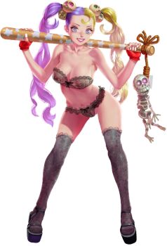 Rule 34 | 1girl, artist request, bare arms, bare hips, bare shoulders, baseball bat, blonde hair, blue eyes, bra, breasts, cleavage, covered erect nipples, crystal maiden (series), frilled bra, frilled panties, frills, full body, game cg, groin, hair ornament, hanged, holding, holding baseball bat, multicolored hair, navel, official art, over shoulder, panties, purple hair, quinn (crystal maidens), see-through bra, see-through clothes, skeleton, skull hair ornament, smile, solo, star (symbol), transparent background, twintails, two-tone hair, underwear, variant set, weapon, weapon over shoulder