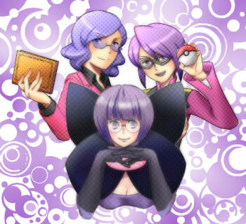 1girl 2boys black_gloves blunt_bangs book breasts cleavage closed_mouth commentary_request elbow_gloves eye_mask glasses gloves holding holding_book holding_poke_ball interlocked_fingers long_sleeves lucian_(pokemon) mask multiple_boys nintendo open_mouth poke_ball poke_ball_(basic) pokemon pokemon_bw pokemon_dppt pokemon_hgss purple-tinted_eyewear purple_eyes purple_hair purple_theme round_eyewear shauntal_(pokemon) short_hair smile sumino teeth tinted_eyewear upper_teeth_only will_(pokemon)