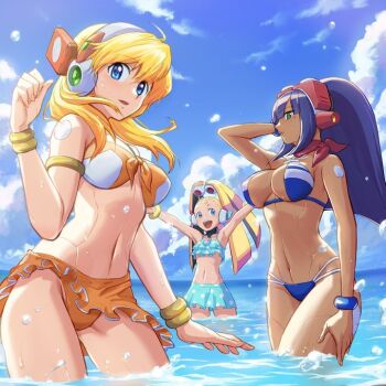 3girls bikini blonde_hair blue_eyes breasts capcom cleavage green_eyes large_breasts layer_(mega_man) long_hair multiple_girls navel mega_man_(series) swimsuit water