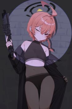 1girl :/ absurdres ahoge alternate_costume bare_shoulders black_coat blue_archive breasts chirpy closed_mouth coat cowboy_shot gun halo head_tilt highres holding holding_gun holding_weapon huge_ahoge loli looking_at_viewer mole mole_under_eye navel neru_(blue_archive) off_shoulder one_eye_closed open_clothes open_coat red_eyes red_hair short_hair small_breasts solo spotlight trigger_discipline weapon