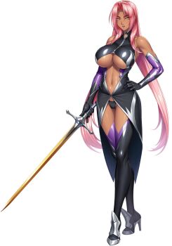 1girl breasts curvy dark-skinned_female dark_skin full_body holding holding_sword holding_weapon huge_breasts ingrid_(taimanin_asagi) kagami_hirotaka lilith-soft long_hair pink_hair revealing_clothes shiny_skin standing sword taimanin_(series) taimanin_murasaki weapon wide_hips