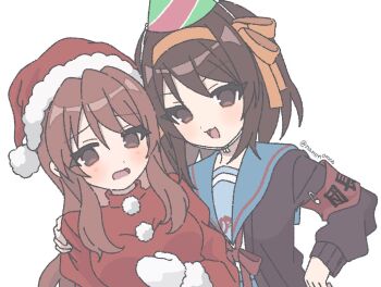 Rule 34 | 2girls, arm on another's shoulder, asahina mikuru, blue sailor collar, blush, brown cardigan, brown hair, cardigan, christmas, dot nose, embarrassed, fur-trimmed headwear, fur trim, hair ribbon, hat, long hair, long sleeves, medium hair, mittens, multiple girls, nanonome, no pupils, party hat, red shirt, ribbon, sailor collar, santa hat, shirt, sidelocks, simple background, straight hair, suzumiya haruhi, suzumiya haruhi no yuuutsu, tareme, twitter username, upper body, v-shaped eyebrows, wavy mouth, white background, white mittens, yellow ribbon