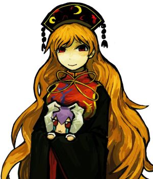 2girls :3 animal_ears aoiseshin black_dress blonde_hair character_doll chinese_clothes closed_mouth commentary_request cowboy_shot crescent_print crying crying_with_eyes_open dalachi_(headdress) doll dress facing_ahead fumo_(doll) hat_tassel highres holding holding_doll junko_(touhou) long_hair looking_at_viewer multiple_girls purple_hair rabbit_ears red_eyes red_tabard reisen_udongein_inaba smile tabard tears touhou very_long_hair