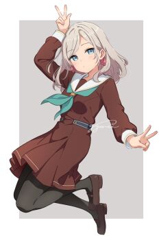 1girl aqua_neckerchief arm_up black_pantyhose blue_eyes blush border brown_dress ceras_yanagida_lilienfeld closed_mouth commentary_request double_v dress full_body grey_background grey_hair gyorui_(katsuwo_drawing) hair_ribbon hasu_no_sora_school_uniform highres jumping link!_like!_love_live! loafers long_hair long_sleeves looking_at_viewer love_live! neckerchief outside_border pantyhose pink_ribbon ribbon sailor_collar sailor_dress school_uniform shoes signature simple_background solo v white_border white_sailor_collar winter_uniform