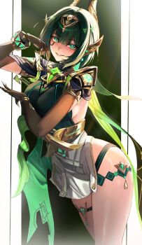 1girl absurdres breasts claw_ring claws eye_tattoo genshin_impact green_eyes green_hair gunu_(nyzn3223) hand_up headpiece highres looking_at_viewer mark_under_eye medium_hair nefer_(genshin_impact) sideboob sidelocks smile tattoo thighs usekh_collar