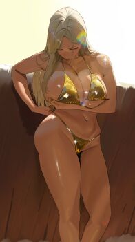 1girl bare_arms bare_legs bare_shoulders beach bikini blonde_hair breast_lift breasts brown_lips character_request cleavage closed_eyes collarbone colorized commentary dark-skinned_female dark_skin gold_bikini highres hintobento jewelry large_breasts long_hair looking_at_breasts looking_at_viewer looking_down navel navel_piercing original piercing satin_bikini shiny_swimsuit solo standing stomach string_bikini swimsuit symbol-only_commentary tan thighs tying_bikini
