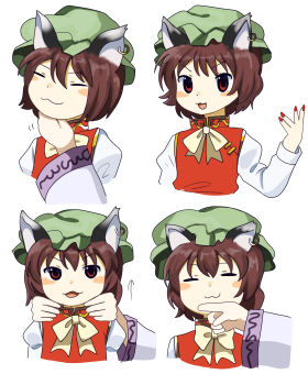 2girls :3 animal_ears blush bow bowtie brown_hair cat_ears chen closed_eyes commentary_request earrings green_hat hat highres hoop_earrings jewelry long_sleeves looking_at_viewer mob_cap multiple_expressions multiple_girls multiple_views open_mouth red_eyes red_vest scratching_chin shirt short_hair simple_background single_earring smile touhou vest white_background white_shirt wide_sleeves yakumo_ran yamadainari yellow_bow yellow_bowtie