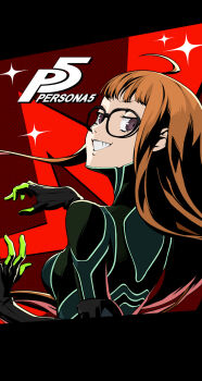 Rule 34 | 1girl, ahoge, arm warmers, black-framed eyewear, black bodysuit, black gloves, bodysuit, breasts, copyright name, glasses, gloves, green gloves, highres, letterboxed, long hair, looking at viewer, looking back, multicolored gloves, neon trim, official art, oracle (persona 5), orange hair, persona, persona 5, pop art, purple eyes, red background, sakura futaba, second-party source, small breasts, smile, solo, sparkle, teeth, two-tone gloves