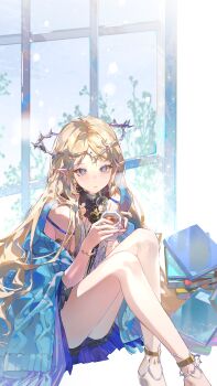 1girl absurdres bare_shoulders black_collar blonde_hair blue_eyes blue_sweater book book_stack breath cartethyia_(wuthering_waves) chinese_commentary collar commentary_request copyright_name copyright_notice crossed_ankles crown_of_thorns cup earrings feet_out_of_frame high_heels highres holding holding_cup indoors jewelry kaekaeki light_blush long_hair looking_at_viewer necklace official_art parted_bangs parted_lips pointy_ears sandals sitting slippers solo sweater tabard tacet_mark_(wuthering_waves) very_long_hair white_sandals white_tabard window wuthering_waves