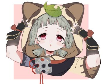 1girl black_gloves blush child commentary_request facing_viewer fingerless_gloves genshin_impact gloves hands_up highres hood hoodie leaf leaf_on_head light_brown_hair looking_at_viewer open_mouth portrait purple_eyes raccoon_hood sayu_(genshin_impact) short_hair short_twintails solo sushi_171 twintails
