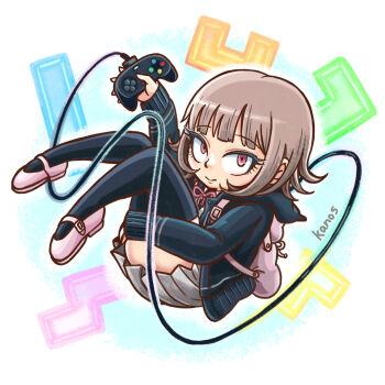 1girl animal_bag black_jacket brown_hair cat_bag collared_shirt controller danganronpa_(series) danganronpa_2:_goodbye_despair flipped_hair game_controller hair_ornament highres hood hood_down hooded_jacket jacket long_sleeves medium_hair nanami_chiaki neck_ribbon no_hair_ornament ochawan_(o-tyawan) open_clothes open_jacket pink_eyes pink_shoes ribbon shirt shoes skirt solo tetris white_shirt