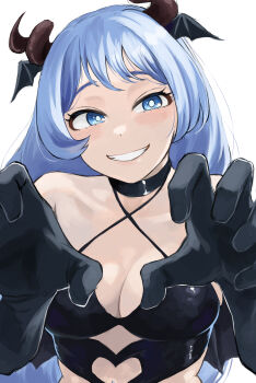 1girl absurdres alternate_costume black_choker black_gloves black_wings blue_eyes blue_hair boku_no_hero_academia breasts brown_horns choker demon_girl demon_wings fengling_(furin-jp) gloves grin hado_nejire halterneck head_wings highres horns long_hair medium_breasts multiple_wings navel_piercing piercing smile solo teeth wings