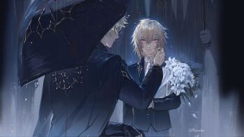 Rule 34 | 2boys, aged down, alternate costume, arm tattoo, black jacket, black pants, blonde hair, bouquet, braid, chest tattoo, collared shirt, commentary, facial tattoo, flower, gradient hair, highres, holding, holding bouquet, holding umbrella, honkai: star rail, honkai (series), jacket, maicolor, male focus, medium hair, multicolored hair, multiple boys, mydei (honkai: star rail), pants, phainon (honkai: star rail), phainon (khaslana) (honkai: star rail), rain, red hair, red tattoo, rose, shirt, side braid, tattoo, twitter username, umbrella, untranslatable commentary, white flower, white rose, white shirt, yellow eyes