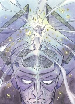 1boy comic_cover commentary_request cover cover_page creature fake_horns fantastic_four galactus helmet highres horned_helmet horns jeff_(marvel) male_focus marvel mature_male no_pupils official_art peach_momoko purple_helmet shark sharp_teeth smile sparkle star_(symbol) teeth upper_body