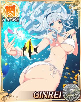 1girl :o ahoge aqua_eyes ass ass_focus bikini black_hairband breasts bubble card_(medium) cleavage drill_hair drill_sidelocks fish flower game_cg ginrei_(senran_kagura) grey_hair hair_flower hair_ornament hairband large_breasts long_hair looking_back multiple_drills non-web_source official_alternate_costume official_art senran_kagura senran_kagura_new_wave sidelocks solo swimsuit tropical_fish underwater white_bikini zodiac_wheel