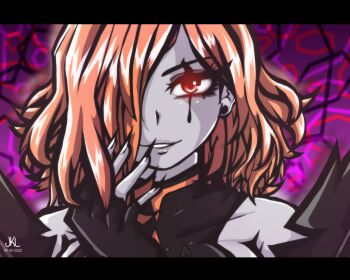 earrings fingerless_gloves fire_emblem fire_emblem:_three_houses gloves highres jewelry jkljdl kronya_(fire_emblem) lipstick looking_at_viewer makeup nintendo orange_hair pale_skin red_eyes sharp_nails short_hair signature