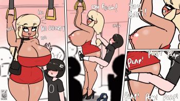 1boy 1girl 4koma age_difference anal anger_vein animated animated_gif ass bare_shoulders blonde_hair bouncing_breasts breasts cleavage clenched_teeth comic cum cum_in_ass dark-skinned_female dark_skin dress english_text grabbing_another&#039;s_hair hair_over_eyes haloowl hetero high_heels holding_another&#039;s_hair huge_ass huge_breasts makeup nipples original public_indecency red_dress runny_makeup sex sex_from_behind shota standing standing_sex teeth testicles thick_thighs thighs train train_interior