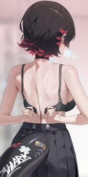 1girl absurdres black_bra black_choker black_hair black_skirt bra breasts breath choker colored_inner_hair commentary dated_commentary ear_piercing ellen_joe facing_away fins fish_tail from_behind highres large_breasts multicolored_hair piercing pleated_skirt sbgu shark_girl shark_tail short_hair skirt solo sweat tail underwear undressing upper_body zenless_zone_zero