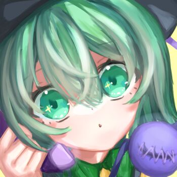 absurdres black_hat blush collared_shirt commentary contrast_collar facing_viewer green_eyes green_hair hair_between_eyes hat highres holding holding_phone komeiji_koishi medium_hair open_mouth phone shirt sparkle third_eye touhou user_rphs2784 white_background yellow_shirt