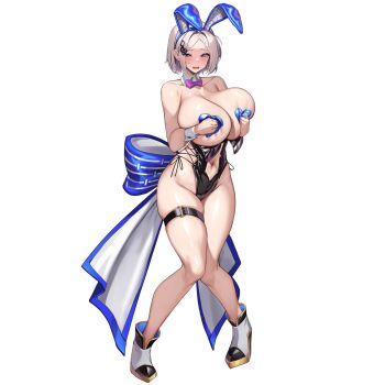 1girl animal_ear_hairband animal_ears back_bow bare_arms bare_legs black_leotard black_shoes blue_bow bow bowtie breasts cleavage clothing_cutout collar collarbone covering_breasts covering_privates crotch_zipper detached_collar embarrassed fake_animal_ears full_body grey_hair hair_intakes hairband heart_maebari heart_pasties highres huge_bow huge_breasts kirome_(kamipaper) knees_together_feet_apart last_origin leotard looking_at_viewer maebari multicolored_shoes muse_(last_origin) navel navel_cutout non-web_source official_alternate_costume open_mouth parted_bangs pasties pink_bow pink_bowtie playboy_bunny rabbit_ear_hairband rabbit_ears shoes short_hair simple_background skindentation solo standing thick_thighs thigh_strap thighs traditional_bowtie transparent_background two-tone_bow white_bow white_collar white_shoes white_wrist_cuffs wrist_cuffs
