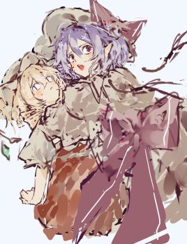 2girls absurdres blonde_hair blue_background blush commentary crystal_wings dress flandre_scarlet hair_between_eyes hat highres hug looking_back medium_hair mob_cap multiple_girls open_mouth po_(anhk5528) pointy_ears purple_eyes purple_hair red_eyes red_skirt red_vest remilia_scarlet shirt short_sleeves siblings skirt sweatdrop touhou vampire vest white_dress white_shirt wings