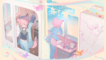 1girl animal_ears arknights black_camisole blue_pajamas blue_pants blue_shirt camisole fox_ears fox_girl fox_tail highres karoro long_sleeves multiple_views navel open_mouth origami pajamas pants paper_crane pink_hair shirt short_hair sussurro_(arknights) tail