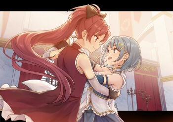 Rule 34 | 2girls, bare shoulders, black bow, blue eyes, blue hair, bow, cape, closed mouth, couple, dancing, dress, eye contact, eyebrows hidden by hair, floating hair, frills, hair between eyes, hair bow, hair ornament, happy, high ponytail, indoors, long hair, looking at another, magical girl, mahou shoujo madoka magica, miki sayaka, miki sayaka (magical girl), multiple girls, neck, open mouth, ponytail, purigetsu, red dress, red eyes, red hair, sakura kyoko, sakura kyoko (magical girl), short hair, sleeveless, sleeveless dress, smile, strapless, strapless dress, very long hair, white cape, yuri