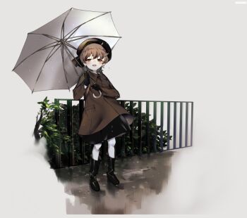 Rule 34 | 1girl, black boots, black gloves, black skirt, blush, boots, brown coat, brown eyes, brown hair, bush, coat, faux figurine, full body, gloves, grey background, half-closed eyes, hatoba tsugu, holding, holding umbrella, knee boots, long sleeves, looking at viewer, open mouth, pantyhose, railing, short hair, simple background, skirt, smile, solo, standing, tsugu (vtuber), umbrella, virtual youtuber, wet ground, white pantyhose, yutoriro