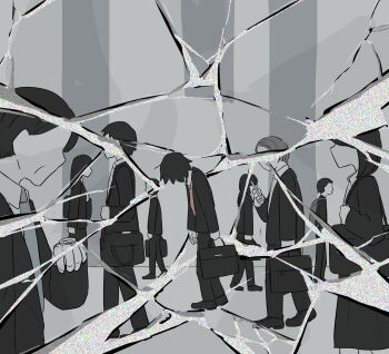 1boy absurdres avogado6 black_footwear black_jacket black_pants breaking broken_glass business_suit commentary_request faceless faceless_female faceless_male formal_clothes fourth_wall from_side glass highres holding jacket necktie original pants people red_necktie shirt shoes solo_focus static suit suitcase white_shirt