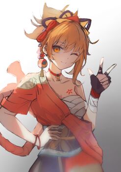 Rule 34 | 1girl, ;), absurdres, chest sarashi, choker, closed mouth, commentary, cowboy shot, english commentary, genshin impact, gradient background, hadanugi dousa, hand on own hip, highres, japanese clothes, kimono, looking at viewer, mixed-language commentary, nbrush19, obi, one eye closed, open kimono, orange choker, orange eyes, orange hair, orange kimono, rope, sarashi, sash, shimenawa, smile, solo, w, yoimiya (genshin impact)