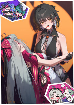 1boy 2girls 3girls abby_(wuthering_waves) adapted_costume ahoge bare_shoulders bite_mark bite_mark_on_neck black_dress black_gloves black_hair black_shorts blood bow brant_(wuthering_waves) breasts carlotta_(wuthering_waves) cleavage colored_inner_hair commentary cross-laced_clothes cross-laced_dress dress earrings fangs female_rover_(wuthering_waves) forked_hair gloves grey_hair hair_bow hair_ornament hair_ribbon hairband hairclip hashtag-only_commentary highres jacket jewelry large_breasts long_hair looking_at_viewer meda medium_breasts multicolored_hair multiple_girls open_mouth parallel_hairclips partially_fingerless_gloves pero_(wuthering_waves) photo_shoot pink_bow pink_hairband pink_jacket ribbon roccia_(wuthering_waves) rover_(wuthering_waves) shorts sidelocks smile smug spoken_blush striped_bow tacet_mark_(wuthering_waves) triangle_earrings very_long_hair white_dress wuthering_waves yellow_eyes yellow_ribbon yuri