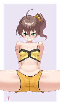 Rule 34 | 1girl, absurdres, ahoge, armpit crease, bare shoulders, brown hair, commentary, crop top, dolphin shorts, english commentary, green eyes, hair ornament, hair scrunchie, highres, hololive, looking at viewer, medium hair, midriff, natsuiro matsuri, natsuiro matsuri (matsuri's day off), navel, scrunchie, shorts, side ponytail, simple background, smile, solo, spread legs, strap slip, tasty (dudwofla), virtual youtuber