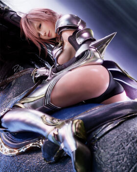 1girl armor armored_leotard ass billyhhyb bridal_gauntlets elbow_spikes final_fantasy final_fantasy_xiii final_fantasy_xiii-2 from_behind greaves head_tilt highres horse leotard lightning_farron official_alternate_costume pink_hair riding shoulder_armor silver_armor smile solo thighs