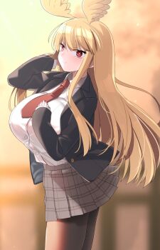 1girl akitokage blonde_hair breasts contemporary fate/grand_order fate_(series) head_wings highres huge_breasts long_hair looking_at_viewer red_eyes school_uniform sidelocks smile solo standing thighs thrud_(fate) valkyrie_(fate) wings